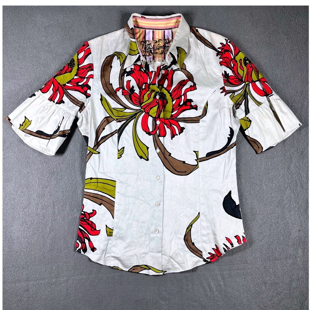 Robert Graham Artwear Floral Ruffle Blouse Abstract Contrast Trim XS VTG Y2K